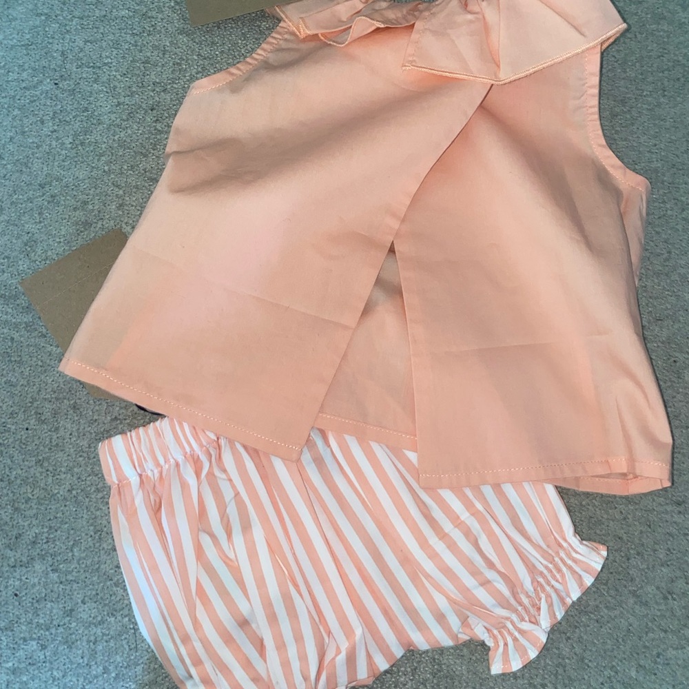 9 month Coco Au Lait peach bloomers and ruffle top